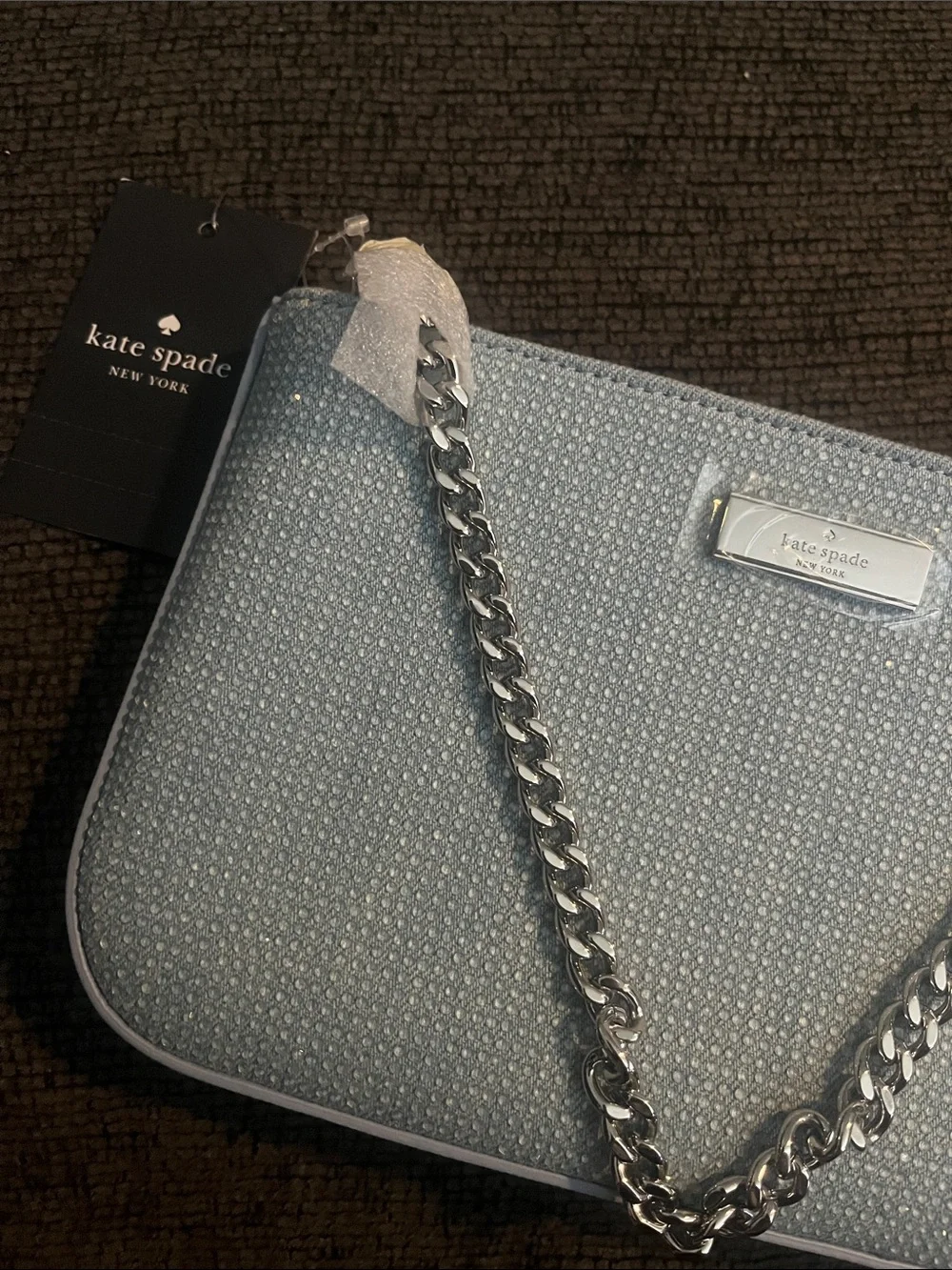 NWT Kate spade pouchette Light denim Blue Chain studs sequins chain Shoulder Bag